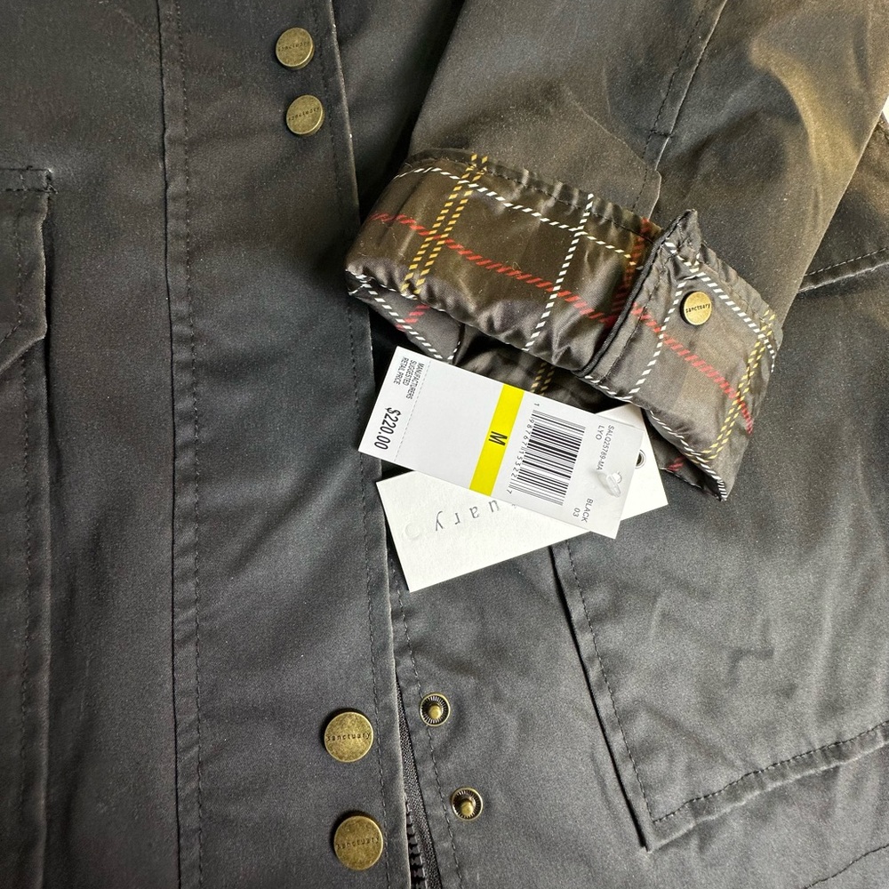Sanctuary Black Waxed Jacket Size M NWT Corduroy Collar Plaid Lined Barn Coat - Picture 5 of 8